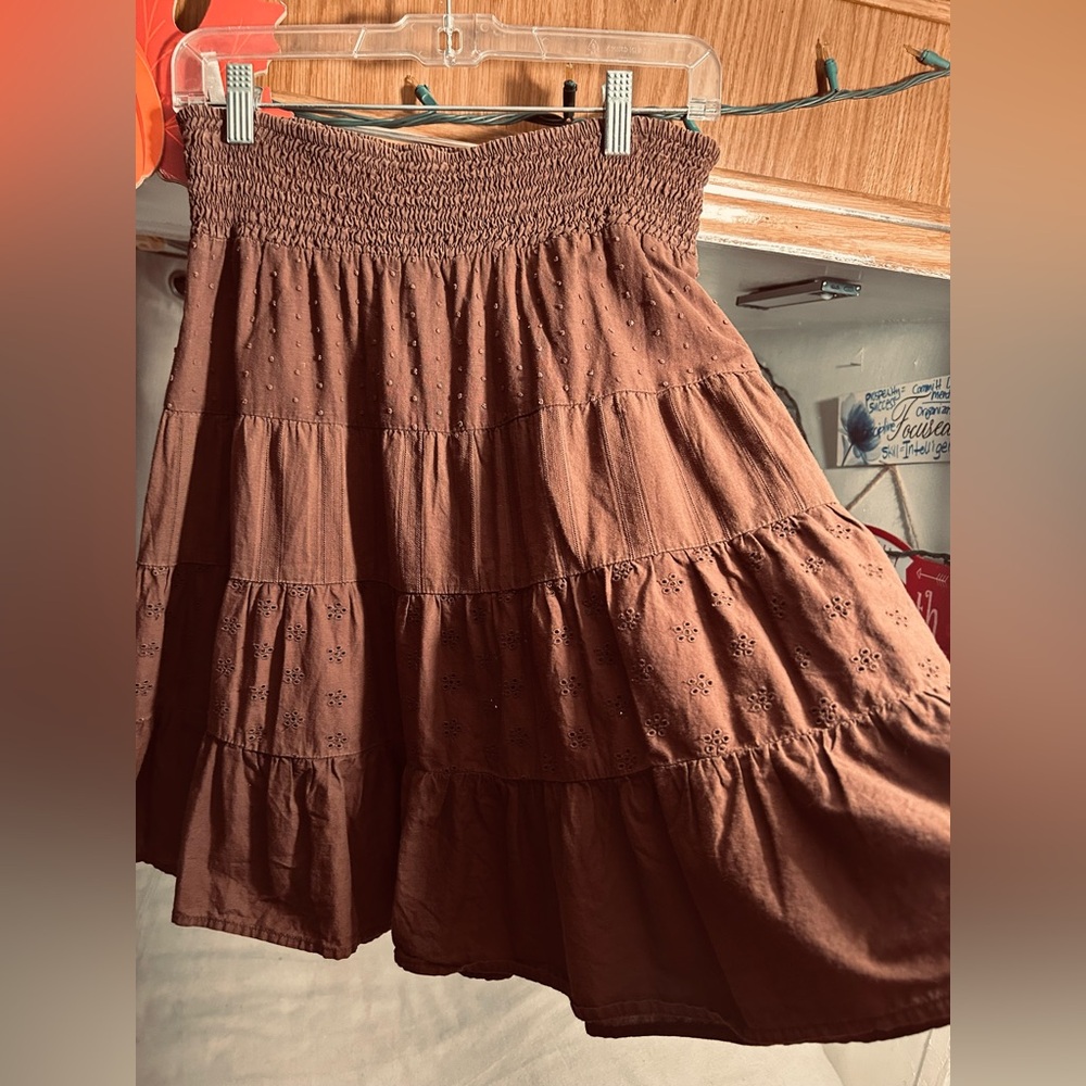 Chocolate brown Swiss dot tiered ruffle cotton country skirt S/M